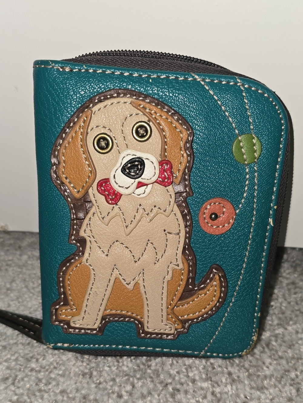Chala Teal Dog Applique Zip Wallet with Tan and Cream Accents